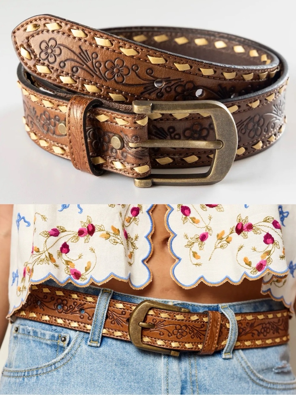 Natural Life Western Blooms Leather Belt Floral Size S/M NWT NEW WITH TAGS